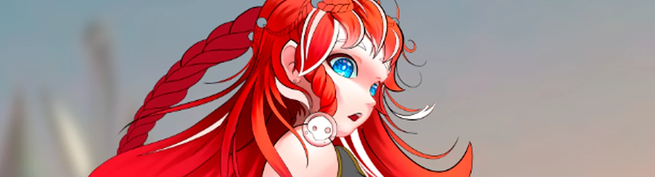 Personaje de cabello rojo con vestuario negro y rojo
