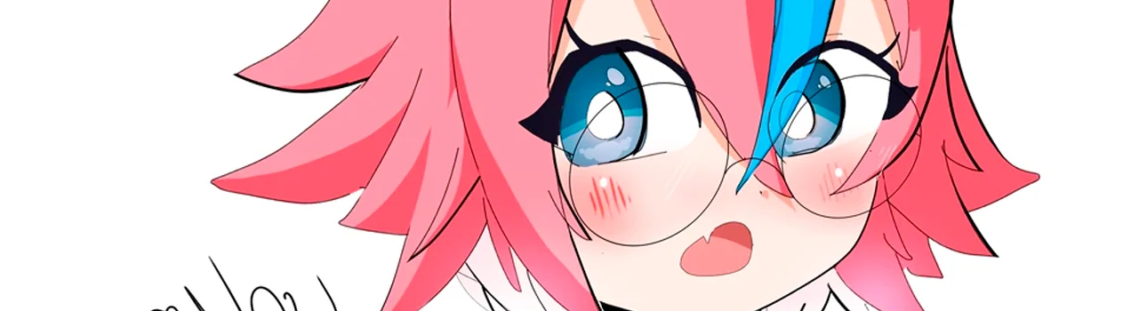 Personaje con gafas, cabello rosa y celeste y suéter blanco