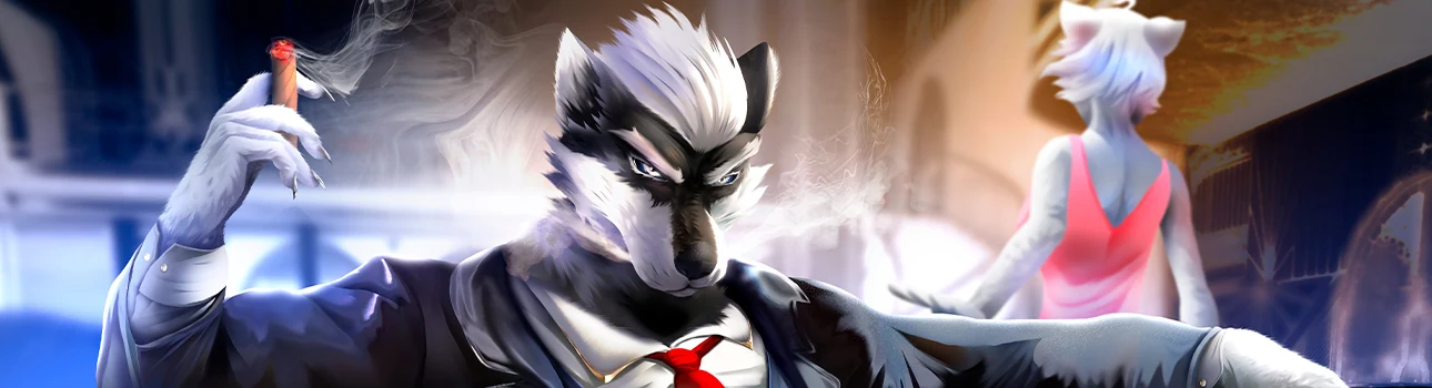 Ilustración de un personaje de pelaje blanco y negro con traje