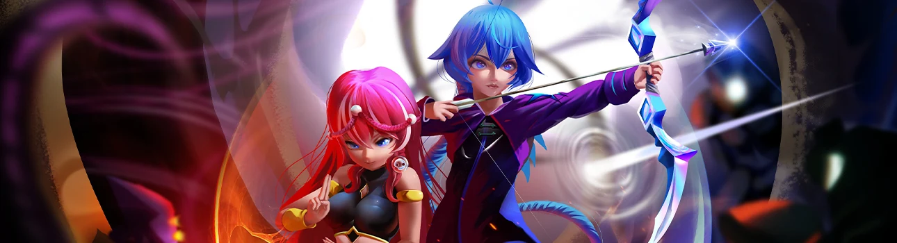 Dos personajes con magia de fuego y un arco de cristal