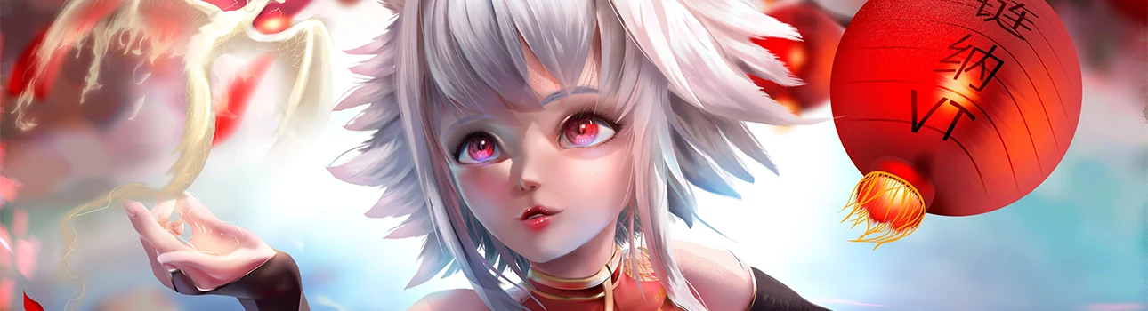 Personaje de cabello blanco entre faroles rojos