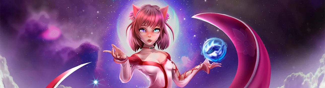 Personaje de cabello rosa sobre una luna entre estrellas