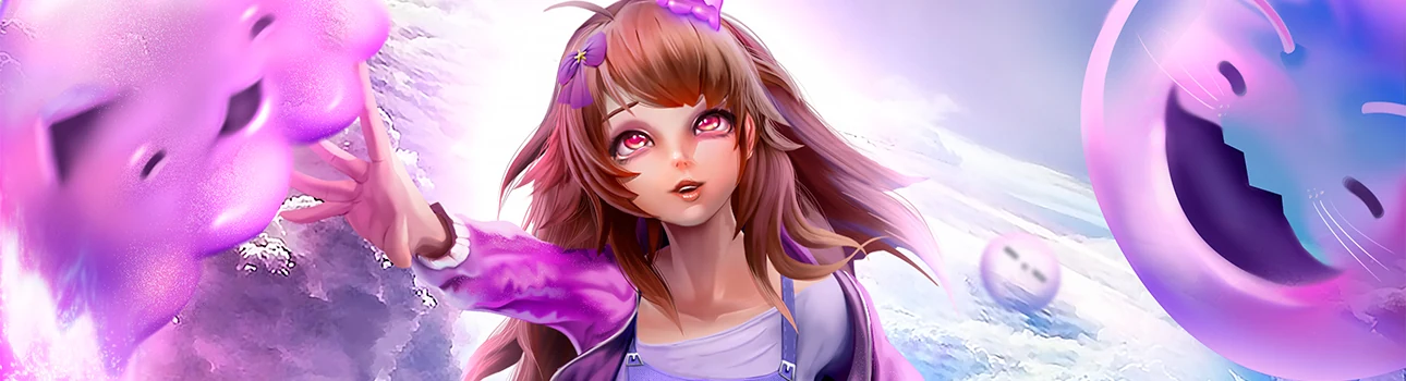 Personaje entre nubes y criaturas violetas
